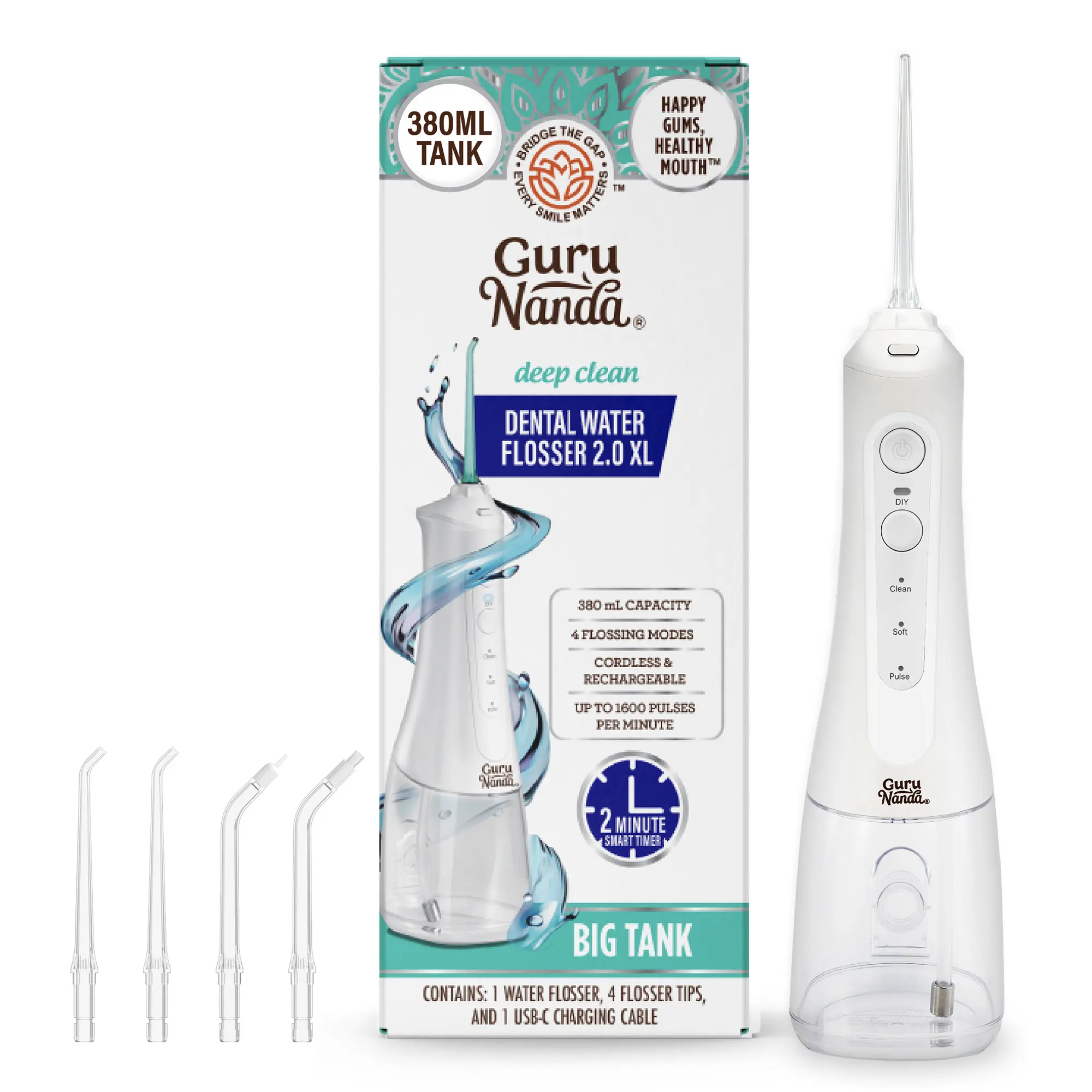 GuruNanda Water Dental Flosser 2.0 XL, 4 Flossing Modes, Cordless & Portable with Smart Timer for Deep Cleaning, 380 ml