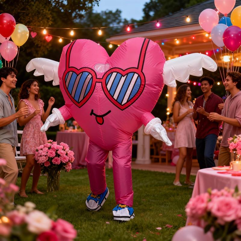 Adult Pink Heart-shaped Inflatable Costume with Built-in Fan Polyester Full-Body Outfit for Valentine's Day Wedding Anniversary Mother's Day Father's Day Birthday Fits 155-180cm Clothes Womenswear