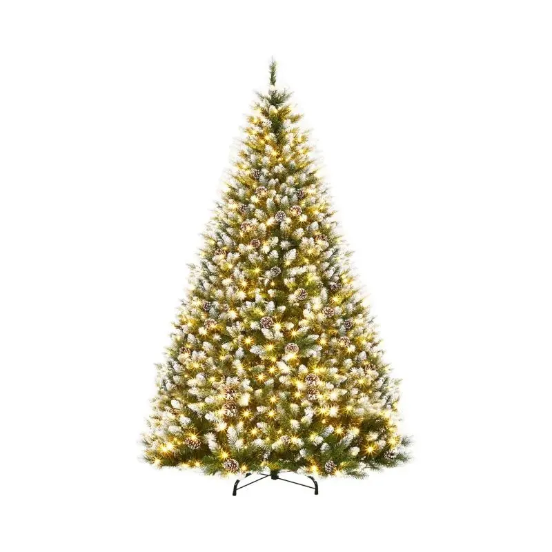 6 ft Magical Lighted Artificial Christmas Tree Set - Pre-Decorated Round Top, Flocked with Pinecones, 748 Sectional Branch Tips, 250 Lighted LEDs, Ornaments, Easy Install, Long-Lasting, Foldable Stand, Home Holiday Festive Decoration