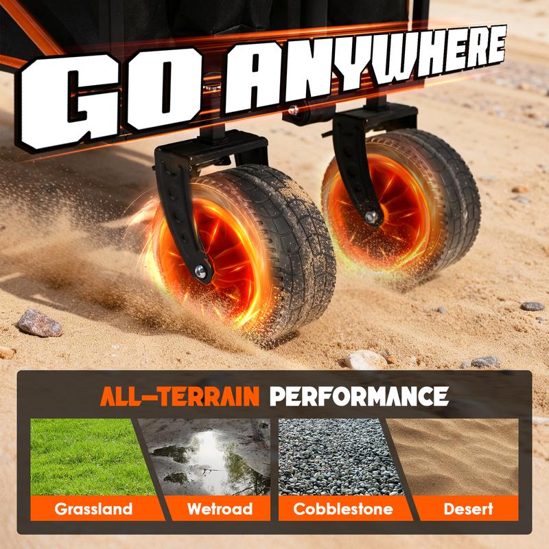 【New Arrival】WildFinder Collapsible Wagon - 330LBS Capacity, Extra Large Foldable Wagon with All-Terrain Wheels, Utility Beach Cart for Outdoor Garden, Black and orange