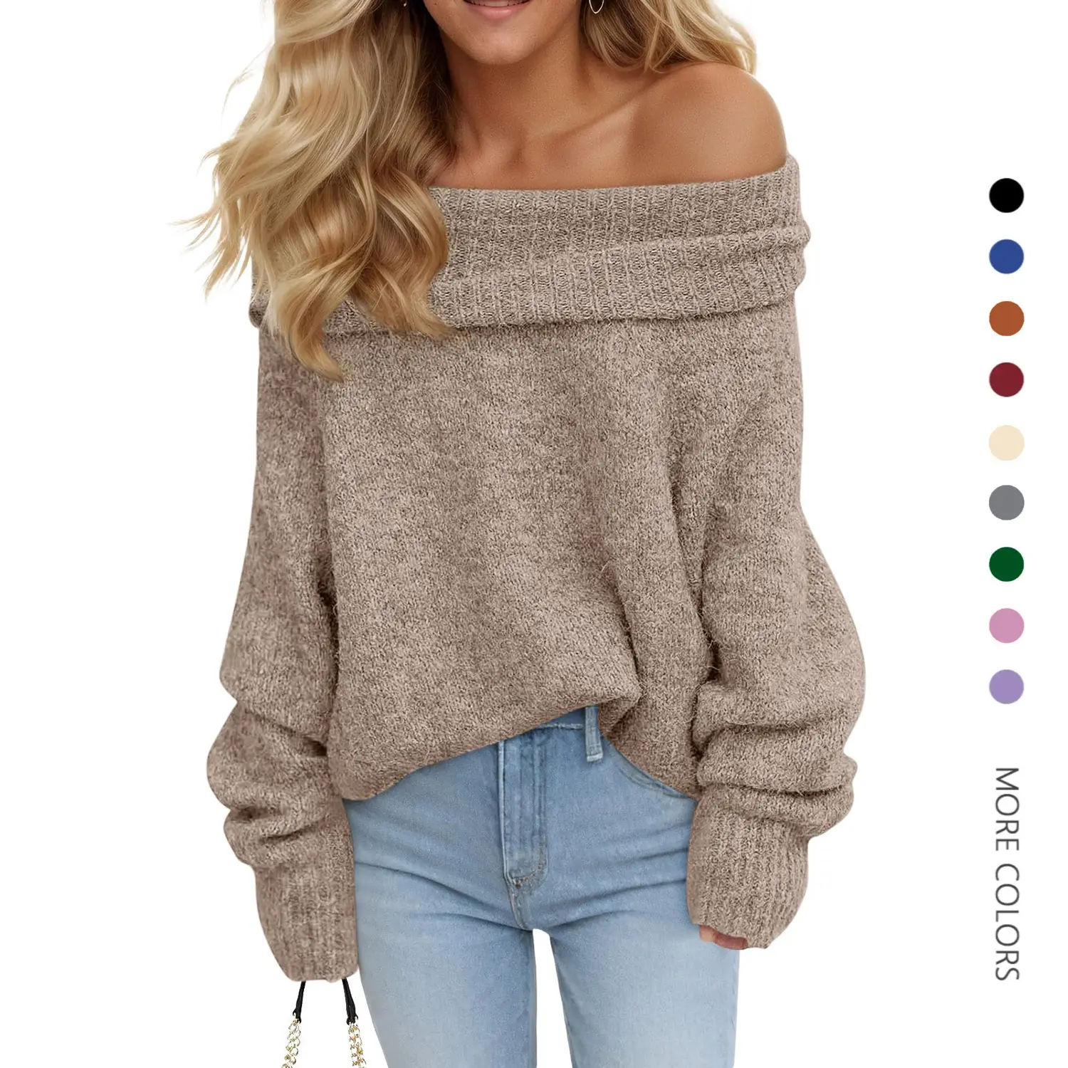 Danedvi Women's Soft Long-Sleeve Knitted Pullover - Shoulderless, Off-The-Shoulder, Loose Slouchy Boat-Neck, Buttery-Soft, Skin-Friendly Fabric, Fashion Knitwear for Fall Casual & Evening Wear with Jeans, Soft Women's Pullovers