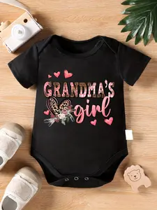 Baby "Grandma's Girl" Leopard & Plaid Print Short Sleeve Bodysuit - Cute Floral Heart Graphic Onesie, Black Cotton Infant Outfit for Newborns
