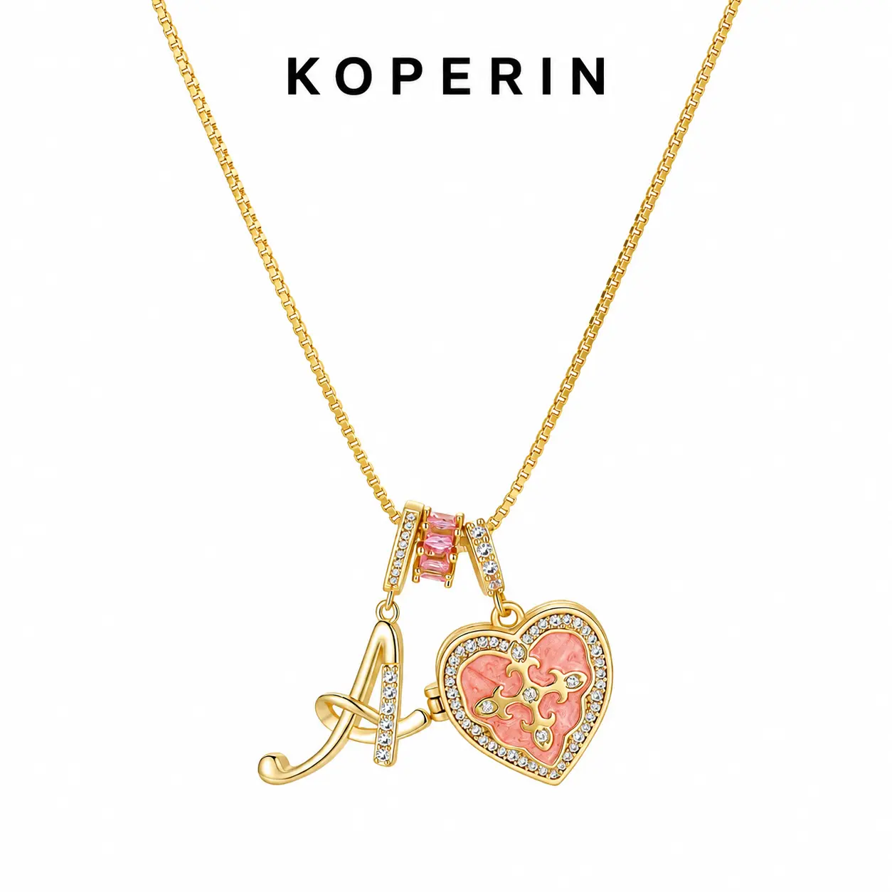 Women's 14K Gold Plated Initial Alphabet Necklace - Waterproof, Cubic Zirconia A-Z Multi-Pendant with Pink Heart, Fleur De Lis, Cross Charms - Dainty Layering Everyday Female Jewelry, Personalized Gift for Her