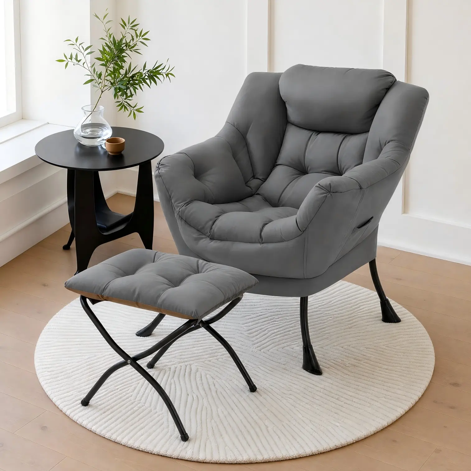 Arlopu Lazy Chair with Foldable Ottoman, Modern Comfy Lounge Chair, Large Sofa Armchair with Footrest and a Side Pocket, Leisure Reading Chair with Footstool for Bedroom, Living Room, Dorm homeessentials