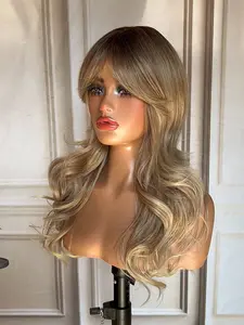 Long Brown Wavy heat resistant Wig with Curtain Bangs Natural Layered Synthetic Hair for Women hairline elegant daily wear