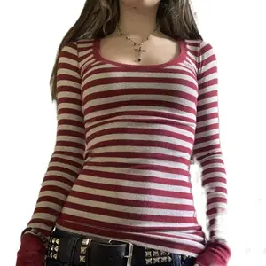 Women's striped long sleeved shirt with retro color block fairy T-shirt pattern aesthetic Harajuku top (gift)