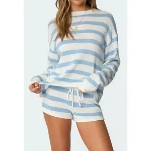 Women's Striped Knit Sweater and Shorts Set Blue & White Casual Loungewear Outfit Long Sleeve Womenswear with Raincoat