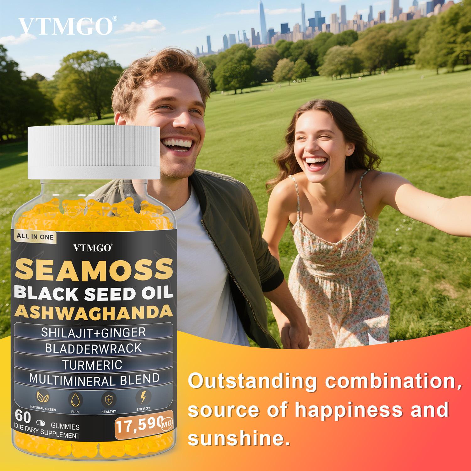 Organic Sea Moss Gummies with Black Seed Oil, Ashwagandha, Shilajit, Ginger, Bladderwrack, Turmeric & Multimineral Blend – Immune Support, Energy, Joint & Thyroid Health – Vegan, Non-GMO, Natural Supplement (60 Count)