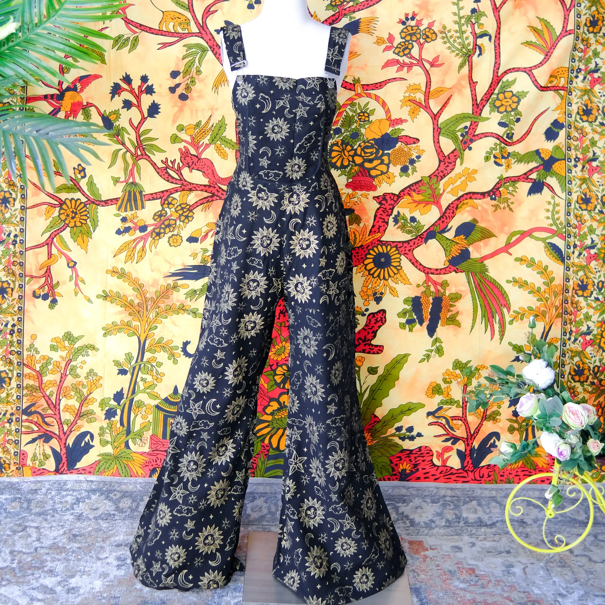 Cotton Boho Overalls, Bell Bottom Jumpsuit, Wide Leg Dungarees, Hippie Bohemian Pants, Celestial Print, Bib Rompers, 90s, Unisex 70s Outfit, Retro Style Jumpsuit, Sustainable Fashion, Whimsical Outfit, Harem Jumpsuit
