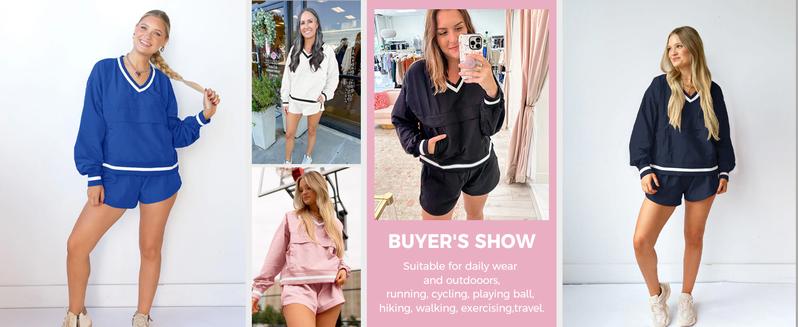 Fisoew Womens 2 Piece Outfits Long Sleeve V Neck Sweatshirt High Waist Running Shorts Sets Loose Fall Workout Tracksuits