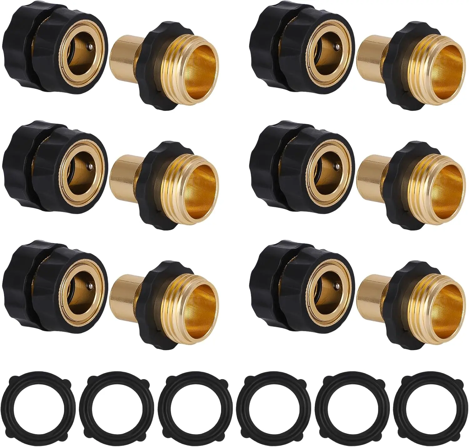 6 Sets 3/4" Male & Female Garden Hose Quick Connector Fittings with 6 Rubber Washers, Water Hose Quick Connect, Outdoor & Backyard Garden Accessories, Father's Day Gift, Garden Hose Adapter, Water Hose Connector