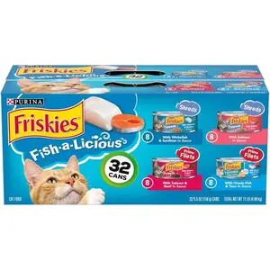 Purina Friskies Wet Cat Food Variety Pack Fish-A-Licious Extra Gravy, Prime Filets and Tasty Treasures - (Pack of 32) 5.5 oz. Cans