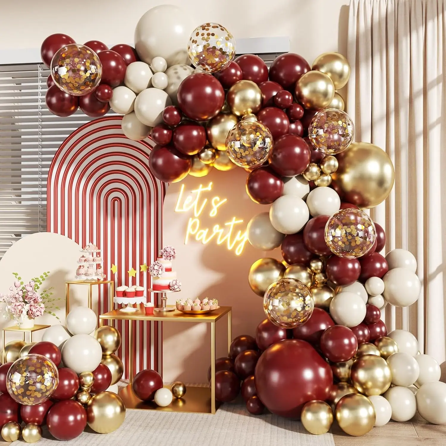 Burgundy Balloon Arch Kits - 140Pcs Multi-Size Latex DIY Set with Colored Latex Arch, Metallic Gold, Nude, Sand, Confetti & Star Balloons for Fuller Look, Wedding, Birthday Party Decor