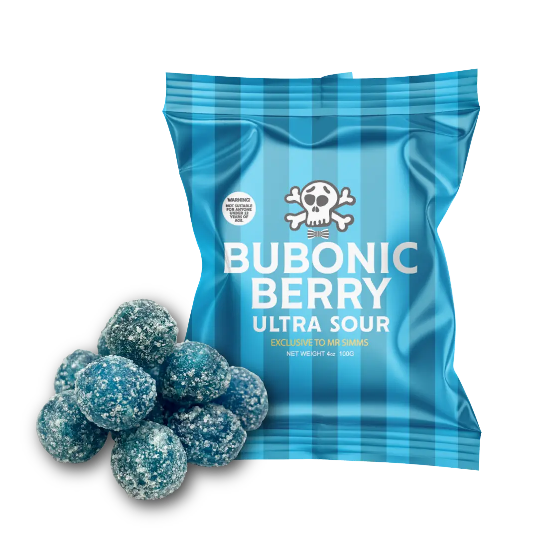 Mr. Simms Bubonic Berry Ultra Sours Chewy Bubble Gum Snack - Sugar-Sweet Candies, Fruity Candy-Flavor Treat with Citric Acid, Gum Arabic, Bicarbonate of Soda