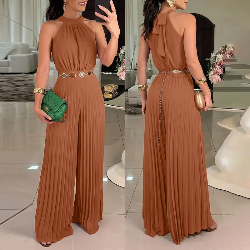 CHICME Women's Halter Tie Wide Leg Jumpsuit Pleated High Waist One-Piece Romper Elegant Sleeveless Evening Party Jumpsuit without Waist Chain