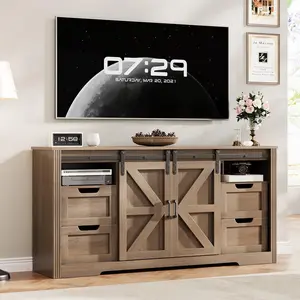 Garvee Farmhouse Style Entertainment Center Console Table with Adjustable Shelf and Sliding Barn Doors, Accommodates Up to 70 Inch Screens, Features 4 Drawers, Ideal for Bedroom or Living Room, Walnut Finish