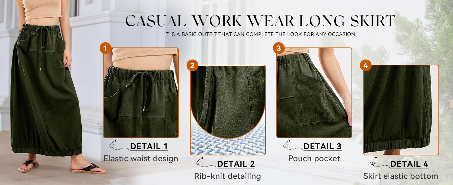 CHARTOU Women Baggy Parachute Skirt Comfy Casual Cotton Y2k Cargo Maxi Long Skirt