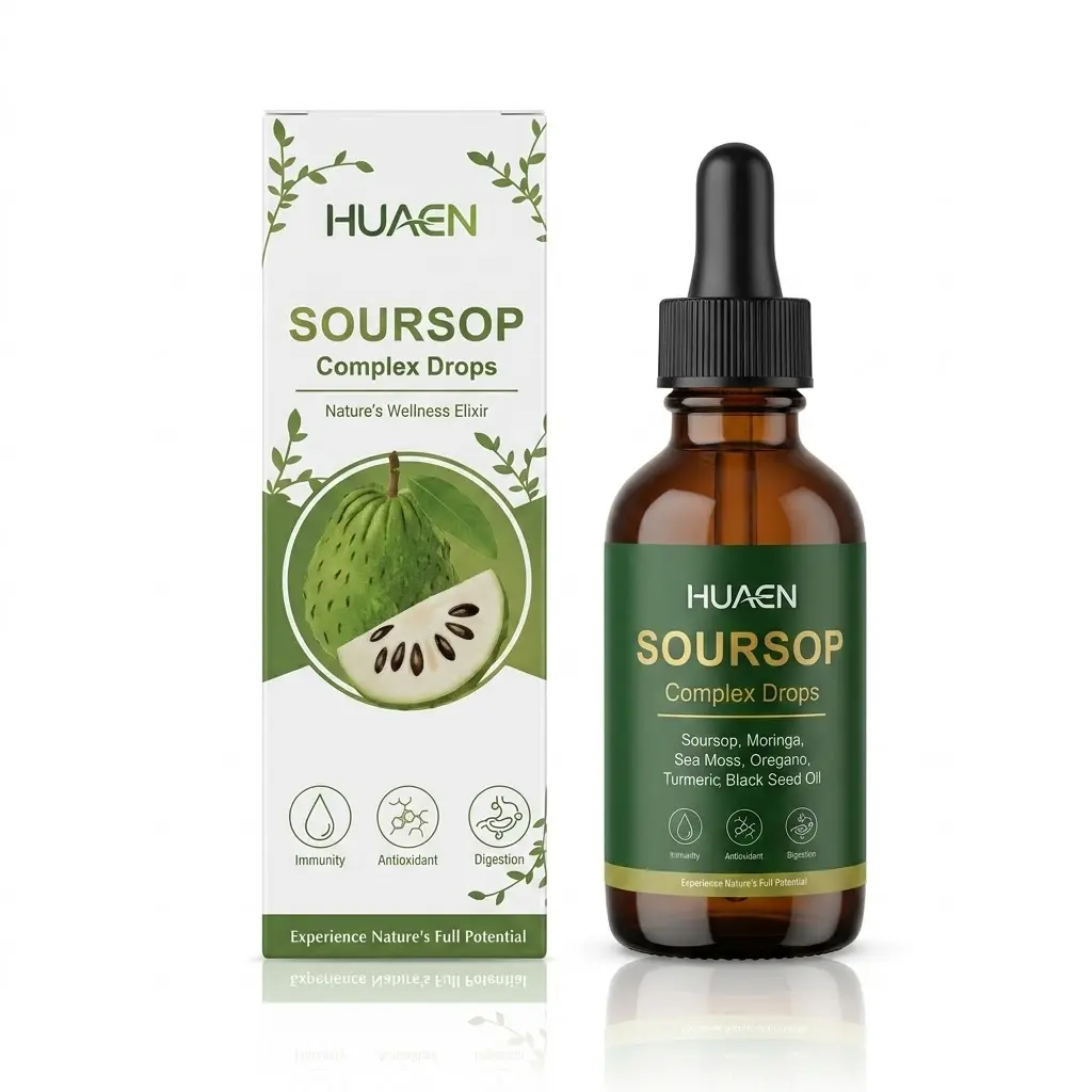 HUAEN Pure Soursop 10-in-1 Liquid Drops Extract - Natural Supplements for Adults, Vegetarian Herbal Dietary Supplement with Seamoss, Moringa, Black Seed Oil, Turmeric, Oregano, No Artificial Colors, Gut Support, Boost Energy, Add to Water, Graviola Extrac