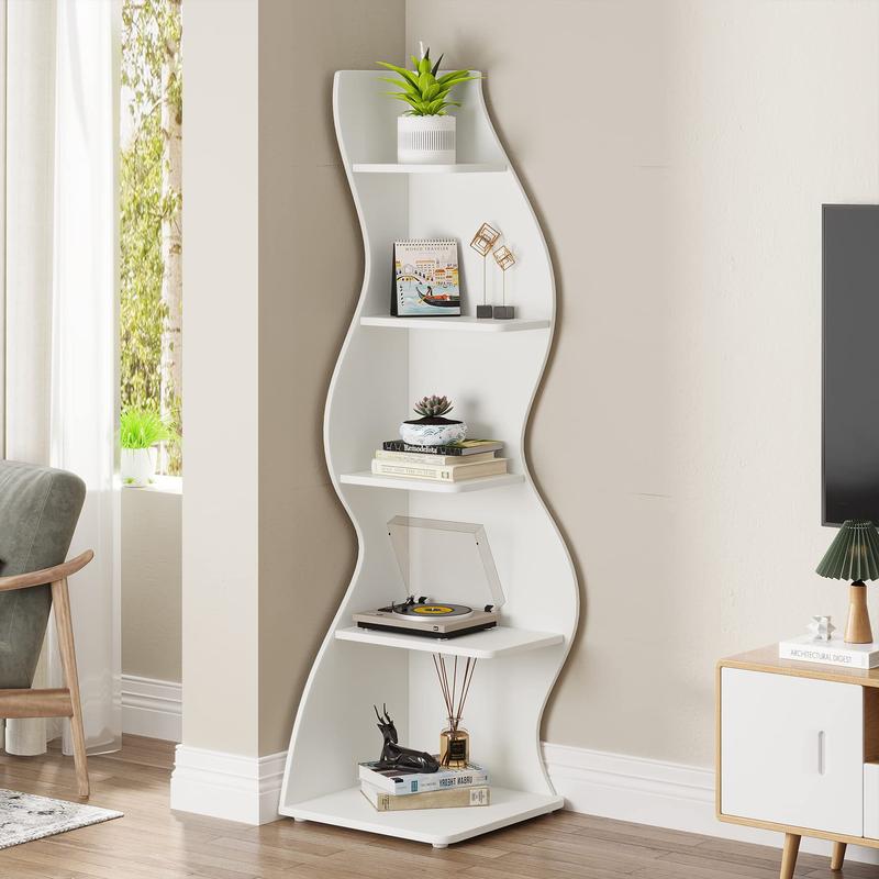 Tribesigns Modern 5-Tier Wall Corner Bookshelf, White, Stylish Corner Storage Rack for Living Room, Home Office, Bedroom & Entryway Decor Shelves
