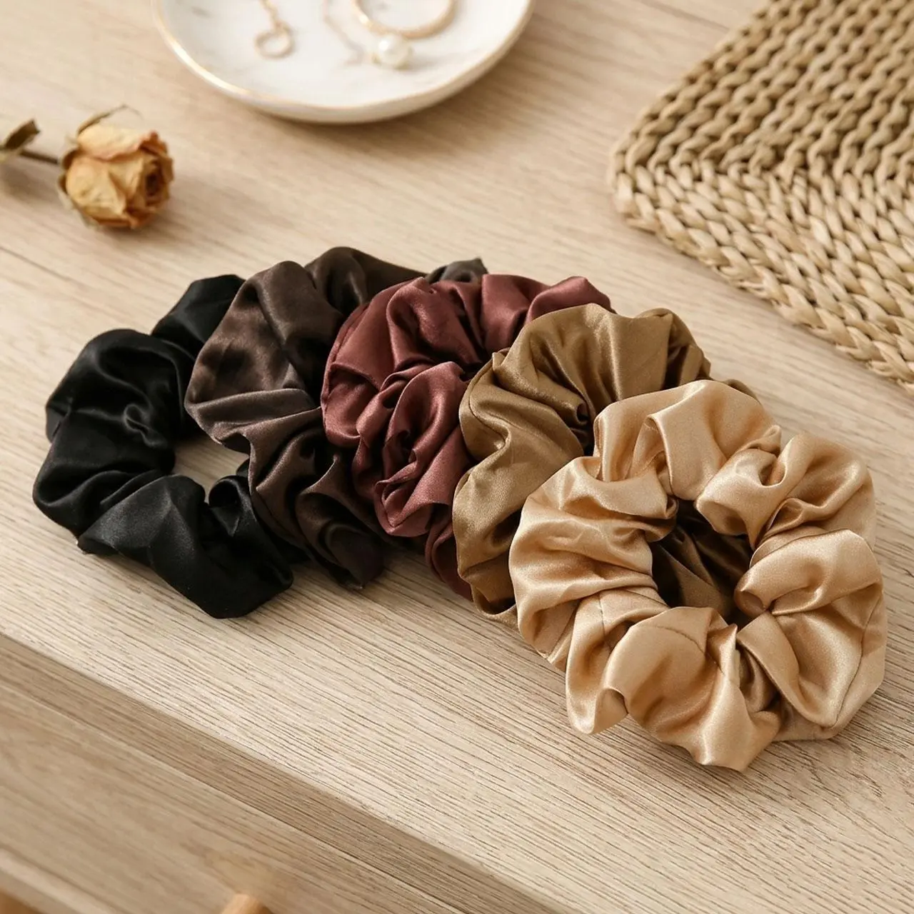 Women's Elegant Plain Satin Scrunchies Set, 12-Pack Soft Casual Hair Ties, Gentle Hold Hair Accessories for Women, Black Mocha Champagne Gold Cream Colors, Hair Accessories Set, Daily