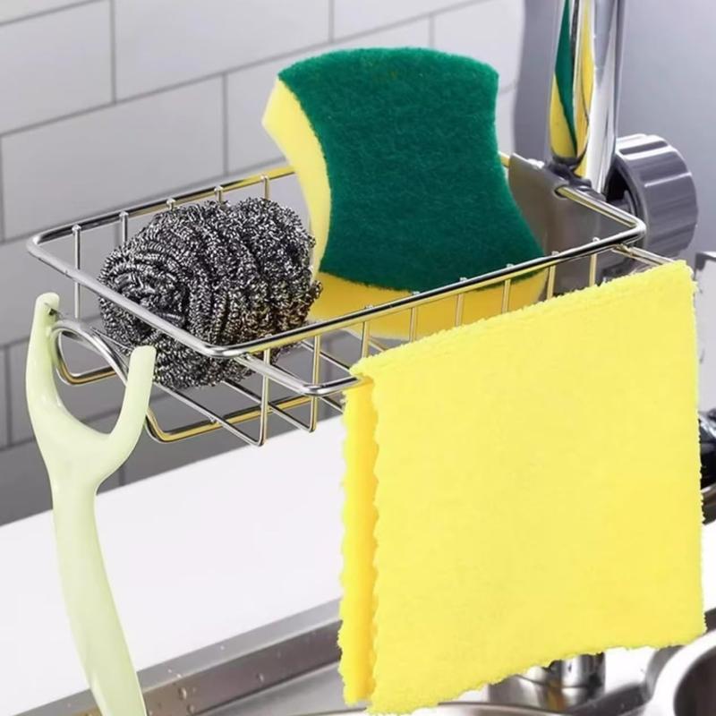 Stainless Steel Sponge Holder for Kitchen Sink – Silver Sink Organizer & Drying Rack for Sponges and Bottles