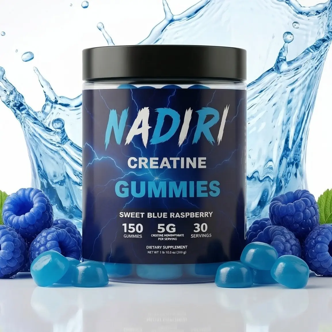 NADIRI Creatine Gummies Sweet Blue Raspberry 150 Gummies 5g Monohydrate per Serving for Muscle Growth Strength & Performance Convenient Delicious Supplement