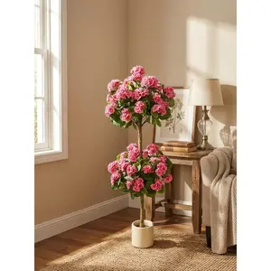 4FT Set of 2 Artificial two ball geraniums topiary in plastic and silk in a white pot, for indoor/outdoor decor,Home decoration,Pink