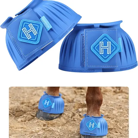 Harrison Howard Equestrian Bell Boots - Rainready Rubber Pull-On Bell Shape, Hoof Protection, Impact-Resistant Secure Wrap, Thick Rubber, Heel Bulb Guard, Waterproof Fleece Lining, Large Leather Touch-Tape Fit, Fine Stripes, Wet Arena Use
