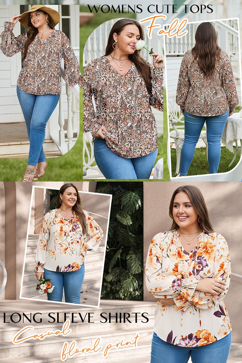 Eytino Plus Size Tops for Women V Neck Long Sleeve Drawstring Floral Boho Print Blouse Shirts Vacation Outfits(1X-5X)