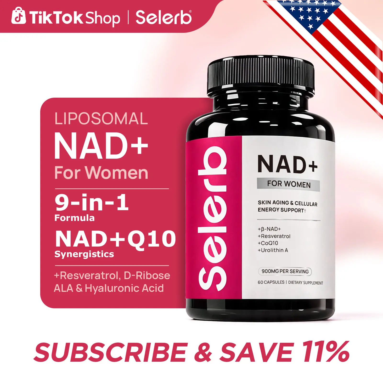 Selerb NAD+ Supplement for Women NMN Alternative Liposomal -β-NAD+, Trans-Resveratrol, CoQ10, D-Ribose - Supports Cellular Renewal, Energy & Skin Health - 60 Capsules Fathersdaygift Healthcare  Dietary Vitamins