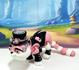 3D Printed Articulated Striped Cat or Steampunk Cat Figurine, 8 Inches Posable Cat Figure ASPCAT-PINK