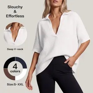 FISOEW 2026 Womens Oversized Sweatshirt Deep V Neck Lightweight Ribbed Knit Casual Chic Top Half Sleeve Ribbed Pullover Basic Minimalist Summer Wardrobe Essential