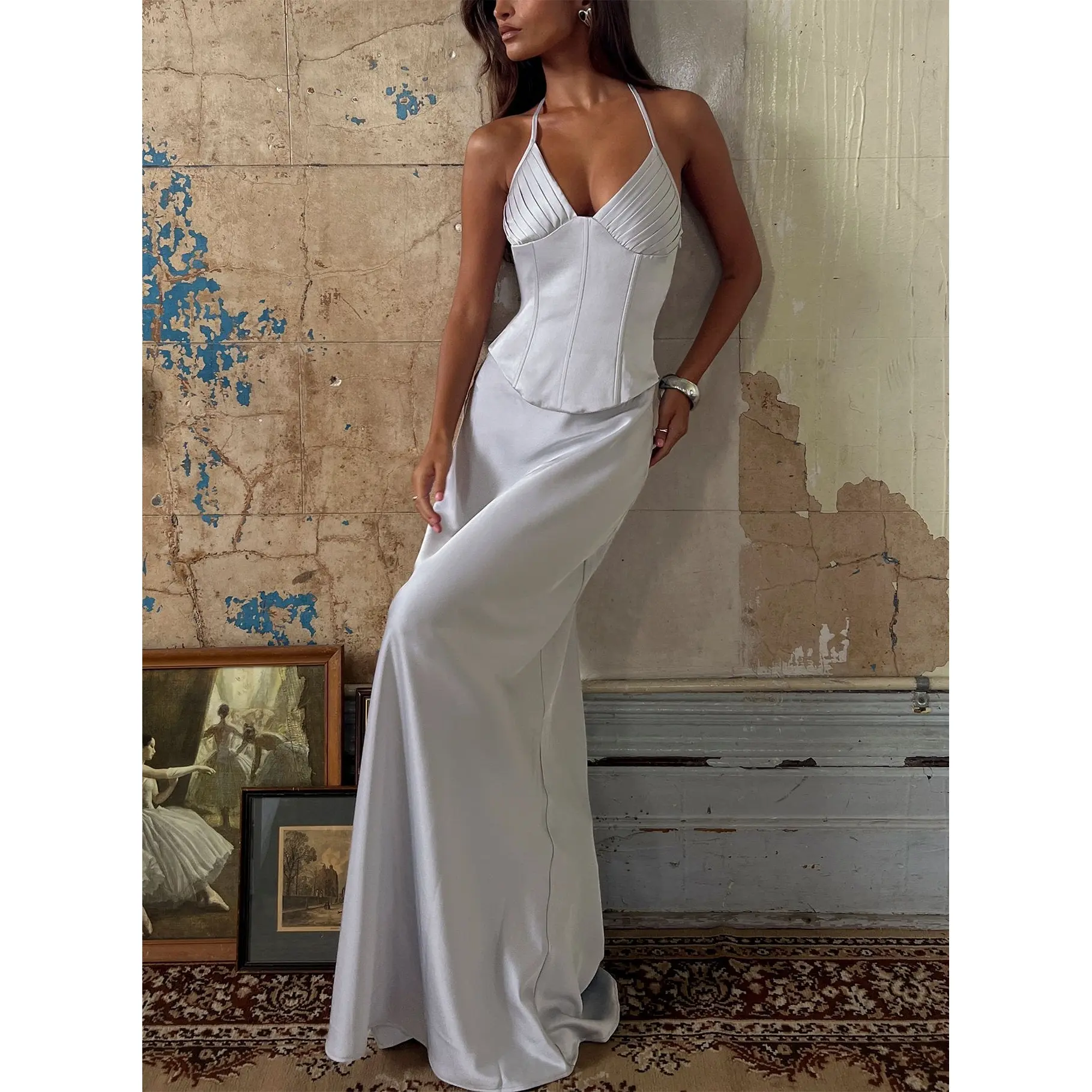 Devotedness Satin Corset Maxi Dress Silver