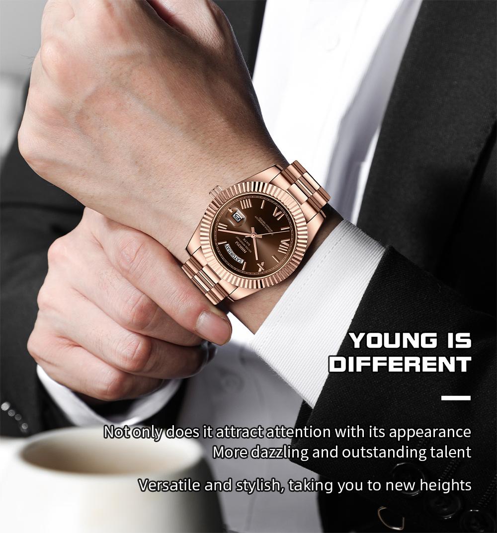NIBOSI Men's Luxury Dress Watch 40mm rose gold Dial  Stainless Steel Band Rotating Quartz Analog Waterproof Luminous Big Face Boss Wrist Watch
