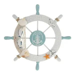 Nautical Beach Wooden Boat Ship Steering Wheel Fishing Net Shell Fish Home Wall Décor(11" Diameter)