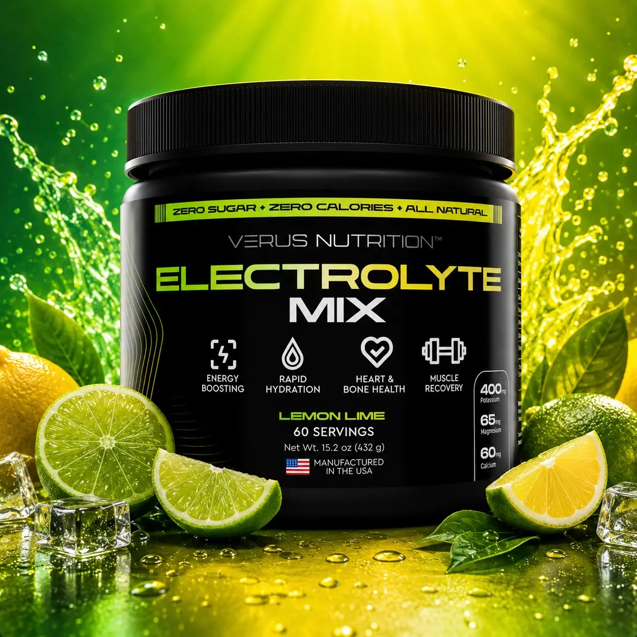 Electrolyte Powder - Lemon Lime - 60 Servings, 0 Calorie, Sugar Free, Natural Mineral Hydrating Ingredient Mix for Keto & Vegan