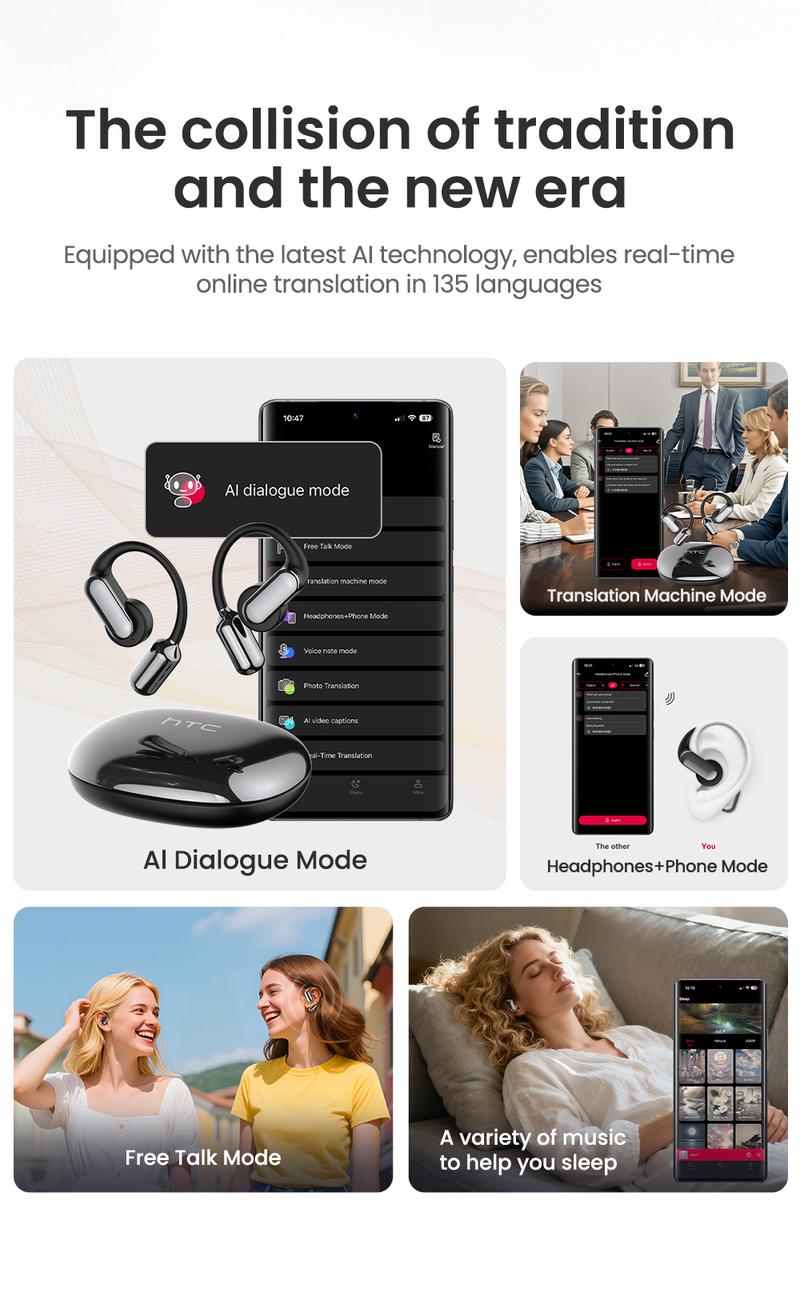 HTC NE50 True Wireless Open Earbuds (OWS), removable battery, long standby time, 134 language translation, Bluetooth 6.0, touch control, lightweight, built-in K microphone, supports music and calls