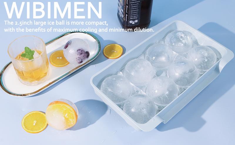 WIBIMEN Big Ice Cube Trays for Whiskey Lovers 2.5" Ice Balls 2 Pack Easy Fill Pop Out Utensils Blue with Tong