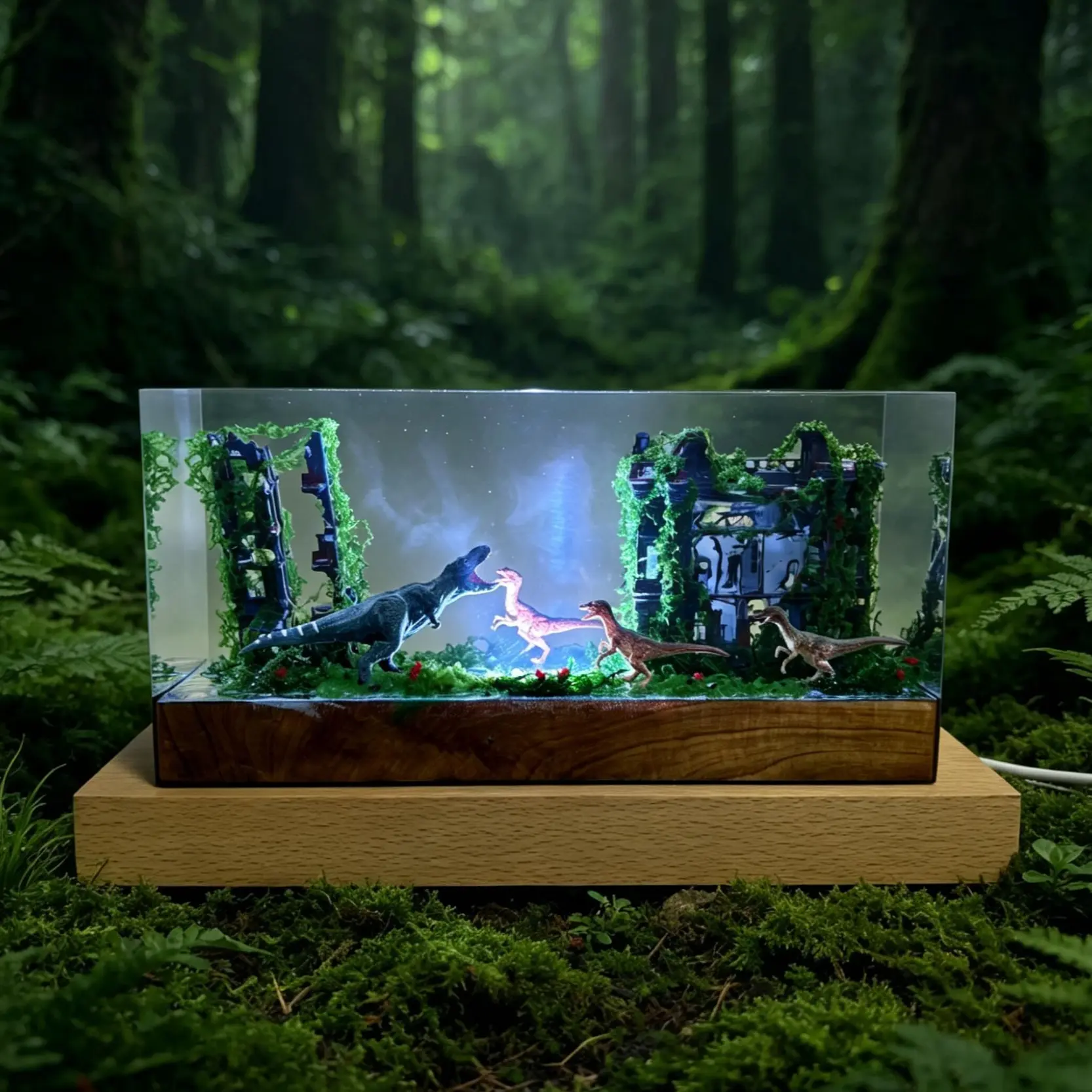 Handmade Resin Dinosaur Night Light - 3D Diorama Glow, 3D Detail, Colorful Lights, USB Port, Prehistoric Jurassic Decor, Nightstands Accent, Kid Room Back-to-School Gift, Home Office Desk Ornament