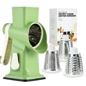 Kissday Rotary Cheese Grater with Handle, Shredder Slicer Grinder 3 Stainless Steel Blades, Hand Crank for Cheese, Vegetable, Nuts, Chocolate,Grey Blue