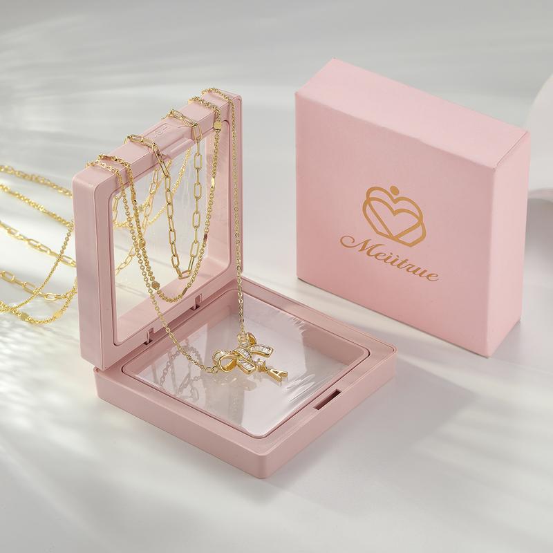 MEIITRUE 14K Gold Plated Initial Bow Necklace Set for Women – Layered Chains with 5A Cubic Zirconia, Adjustable Length, Elegant Personalized Gift