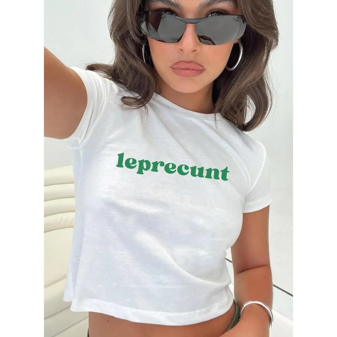 Leprecunt St Patrick's Day Baby Tee, Y2K St Paddys Vintage 90s Womens Retro Shirt, Shamrock Irish T-Shirt, I Put The Double D's