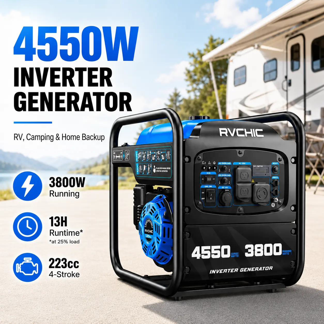 Portable Inverter Generator 4550W Peak 3800W Running, Quiet Gas Powered Generator for RV Camping, Home Backup & Outdoor Projects, 223cc 4-Stroke Engine, 13H Runtime, 120V/30A Power, Fathers Day Gift
