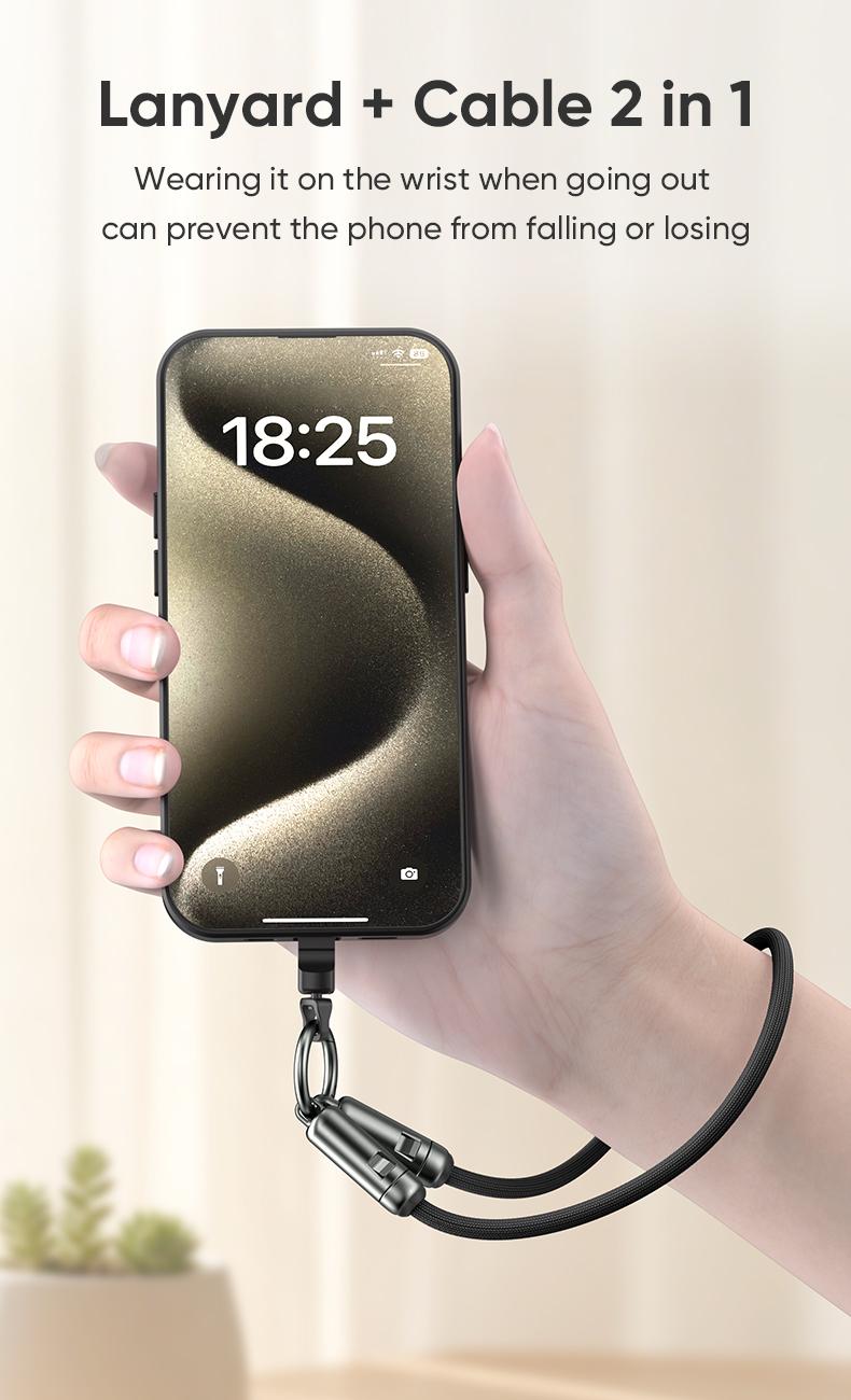 240W USB-C Fast Charging Phone Lanyard 7mm Nylon Crossbody Wrist Strap Lanyard Data Cable 2 in 1 Smartphone Cellphone Flexible Travel Charger