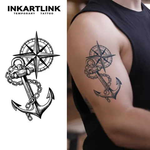 INKARTLINK Skin Tattoo Art Fake Tattoos - 2 Large Semi Permanent Realistic, Water Resistant, 1-2 Weeks Long-Lasting, No Adhesive, No Reflection, Compass Ship Anchor Art Design, Casual, Suitable for All Skin Types