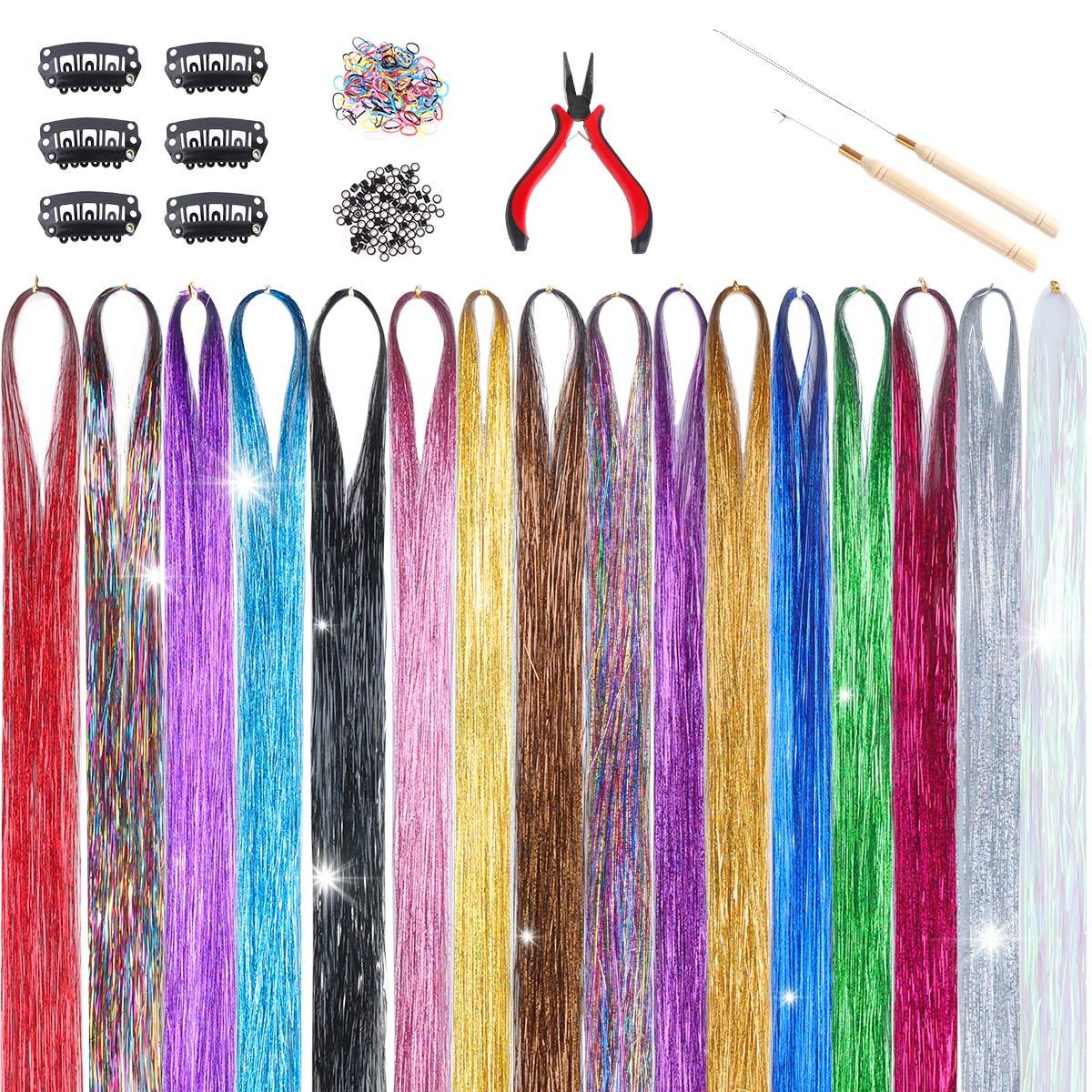 16 Colors Tinsel Hair Extensions , Fairy Hair Tinsel for Women & Girls Easy Apply Hair Highlights for Birthday Christmas New Year Party 16 Colors Tinsel Hair Extensions , Fairy Hair Tinsel for Women & Girls Easy Apply Hair Highlights for Birthday Christmas New Year Party