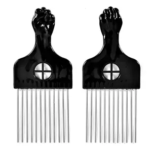 2 Pack Metal Hair Picks for Afro Curly Hair Styling Classic Black Fist Handle Comb for Women Men Daily Use