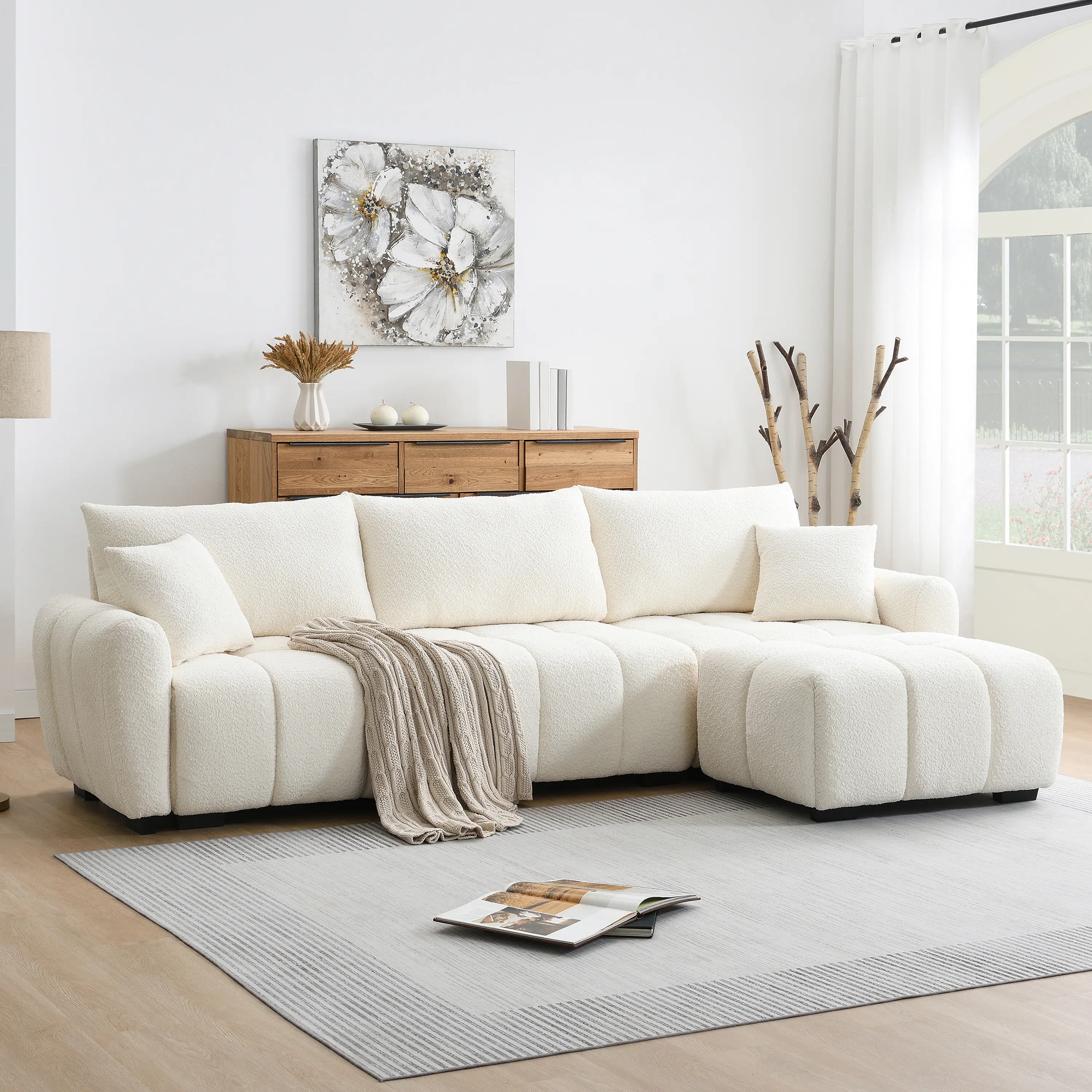 Modern Modular L-Shape Upholstered Sectional Sofa Set - 110in Boucle Fabric with Ottoman, Cushioned Seats, Precision Pull-Line Chaise, Shift-Resistant High-Density Foam Cushions, Raised Stitches, Sturdy Metal-Wood Frame for Cozy Spaces, Large Living Rooms