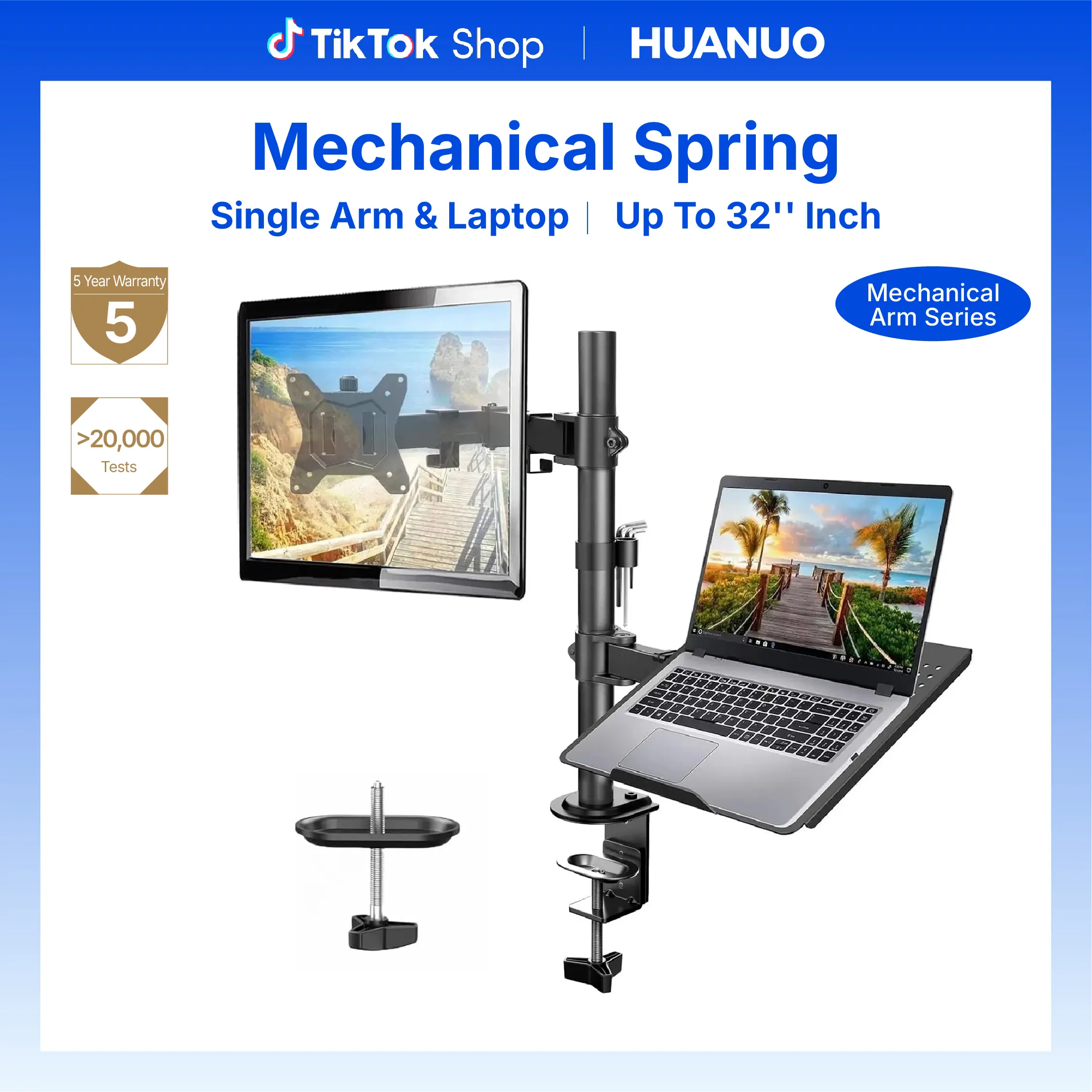 HUANUO 2-in-1 Ergonomic Monitor Arm Desk Accessory, Adjustable Single Arm Desk Mount with Laptop Tray, Fits 32-in Screen & 17-in Laptop, 22 lbs Capacity, Dual Monitor Compatible, Easy Assembly, Heavy Duty Office Accessory, Office Accessories, Desk Accesso