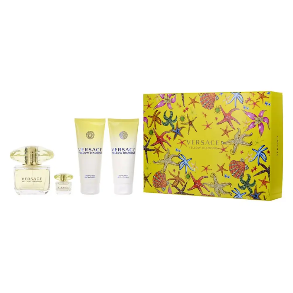 Women's Versace Yellow Diamond 4-Piece Fragrance & Body Care Gift Set - 3 oz Eau de Toilette, Mini EDT, Moisturizing Shower Gel, Moisturizing Body Lotion - Fresh Floral Citrus Scent, Gifts for Women